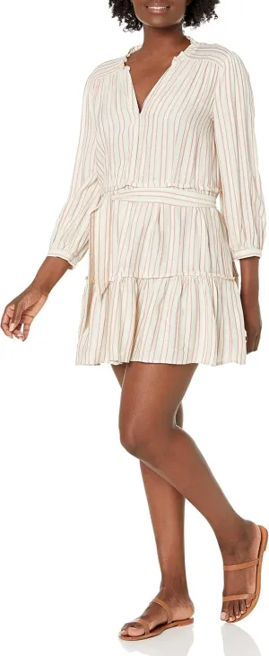 PAIGE Women's Kylenn Three Quarter Sleeve Mini Dress Ruffle Detail Neckline in Blue Grey Multi