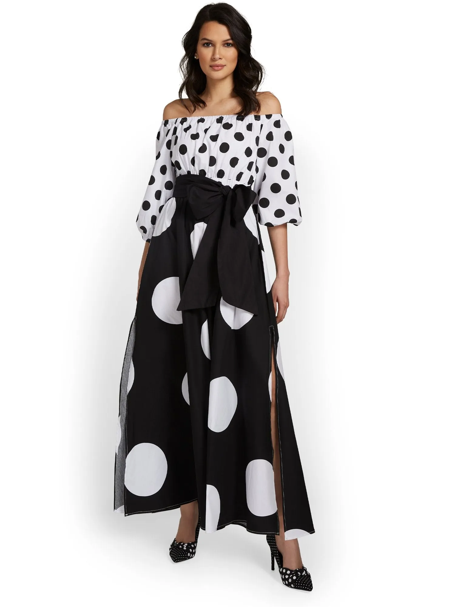 Petite Polka-Dot Off-The-Shoulder Maxi Dress