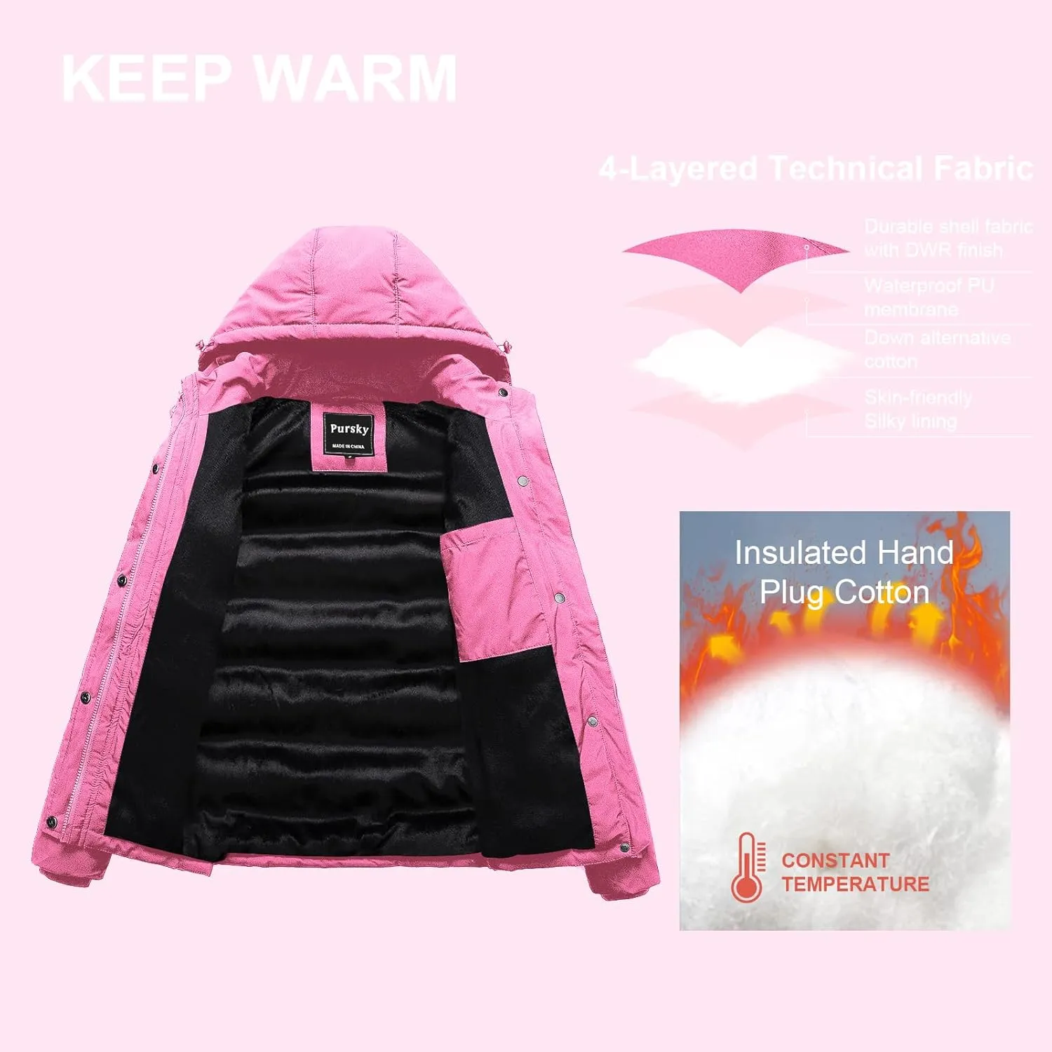 Pursky Women's Warm Winter Thicken Coat Waterproof Cropped Jackets Parka With Removable Hood