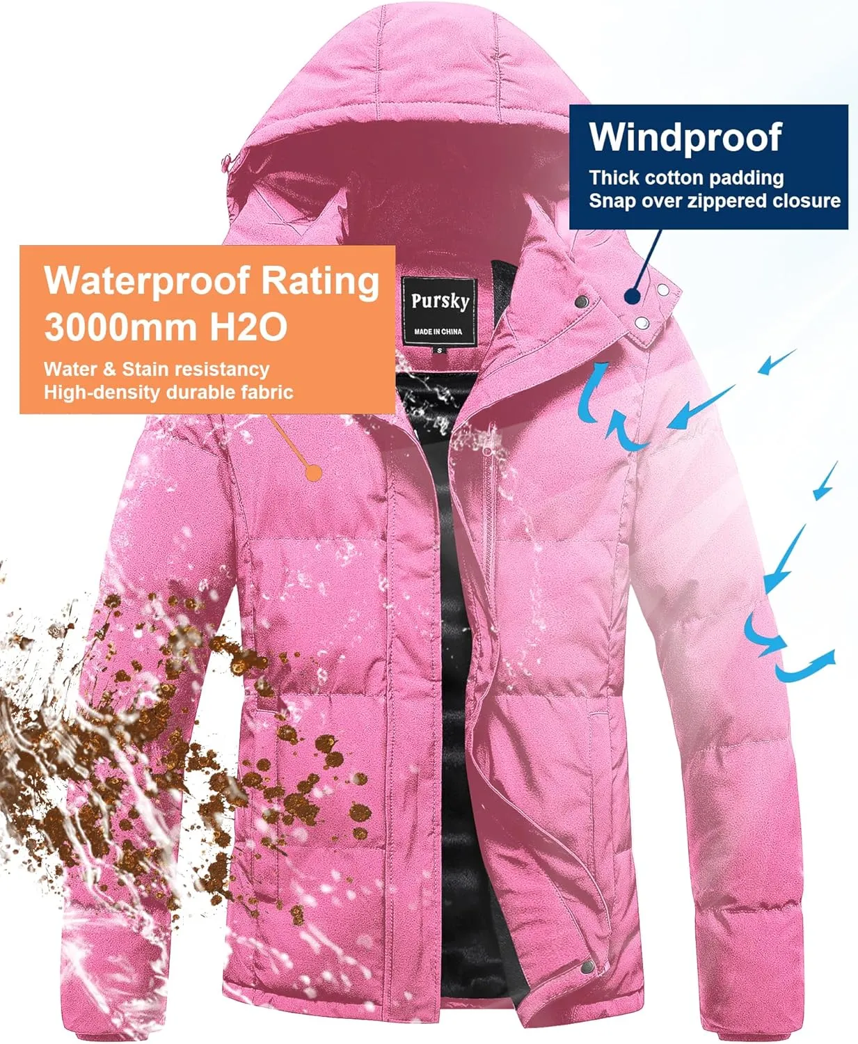 Pursky Women's Warm Winter Thicken Coat Waterproof Cropped Jackets Parka With Removable Hood