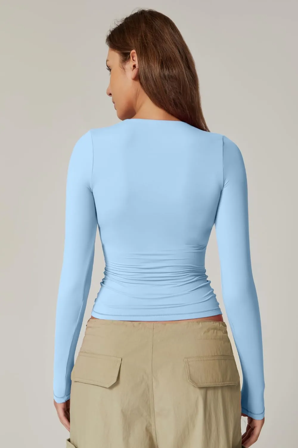 QINSEN Women's Sexy Square Neck Shirt Long Sleeve Double Lined Tees Fitted Going Out Tops