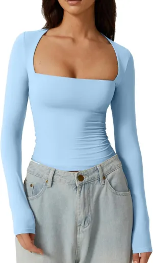 QINSEN Women's Sexy Square Neck Shirt Long Sleeve Double Lined Tees Fitted Going Out Tops