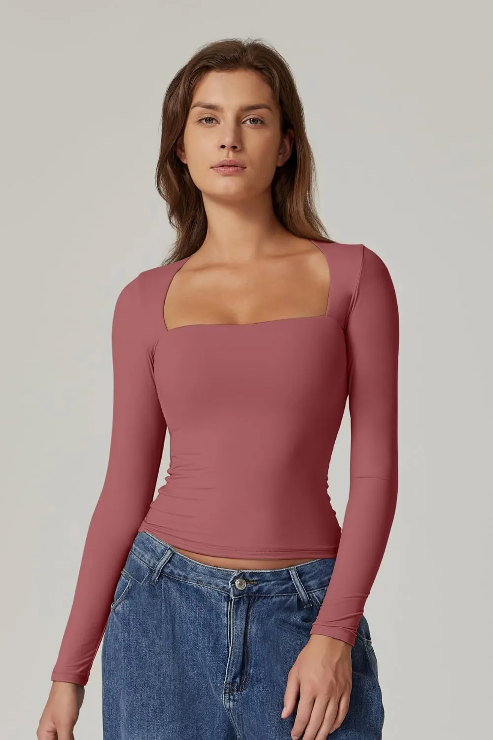 QINSEN Women's Sexy Square Neck Shirt Long Sleeve Double Lined Tees Fitted Going Out Tops