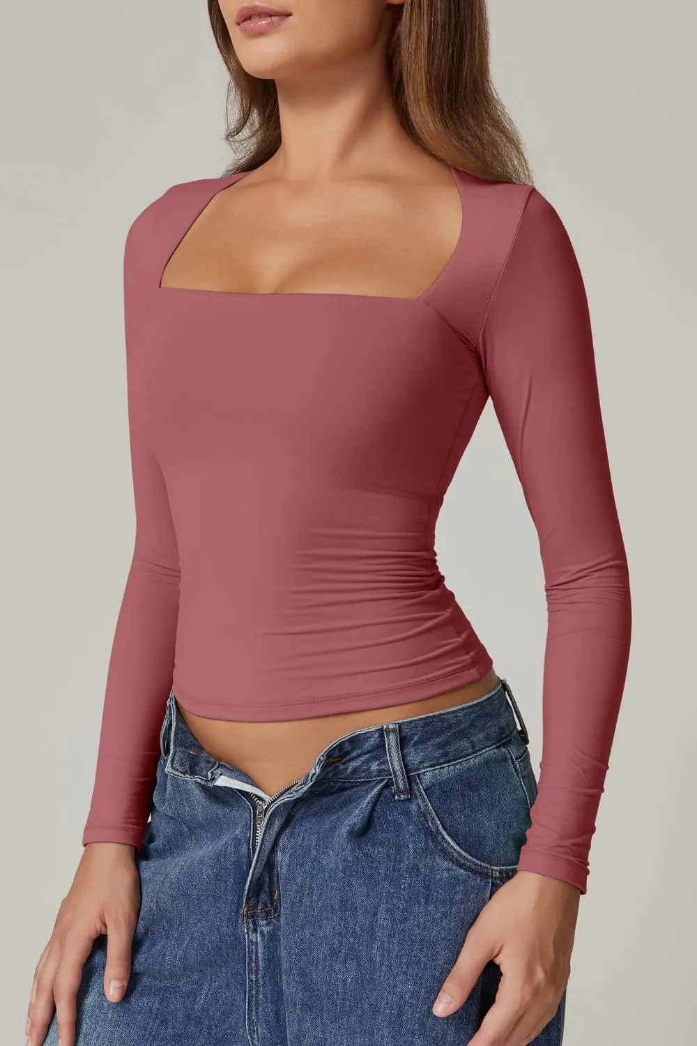 QINSEN Women's Sexy Square Neck Shirt Long Sleeve Double Lined Tees Fitted Going Out Tops