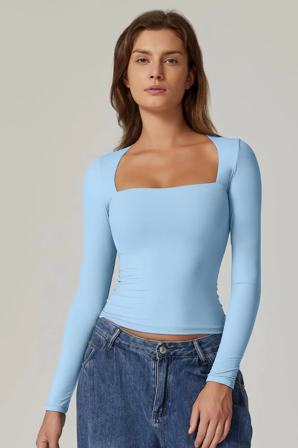 QINSEN Women's Sexy Square Neck Shirt Long Sleeve Double Lined Tees Fitted Going Out Tops