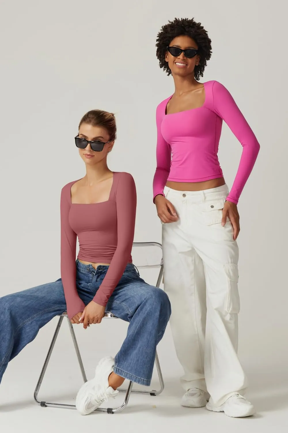 QINSEN Women's Sexy Square Neck Shirt Long Sleeve Double Lined Tees Fitted Going Out Tops