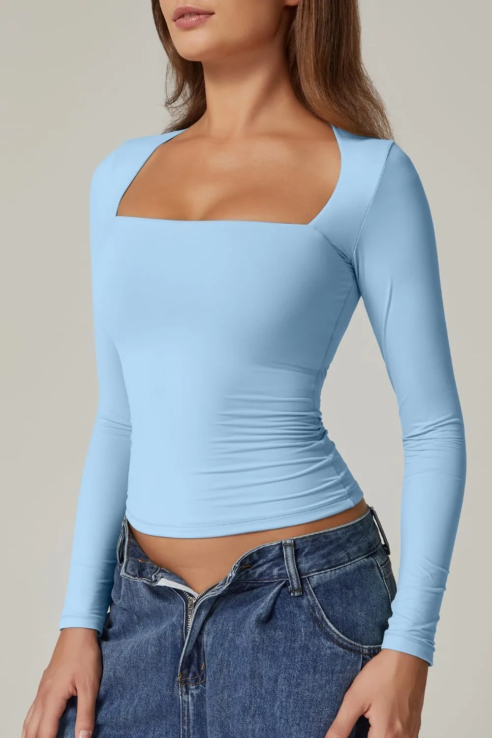 QINSEN Women's Sexy Square Neck Shirt Long Sleeve Double Lined Tees Fitted Going Out Tops