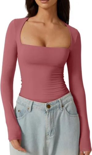 QINSEN Women's Sexy Square Neck Shirt Long Sleeve Double Lined Tees Fitted Going Out Tops