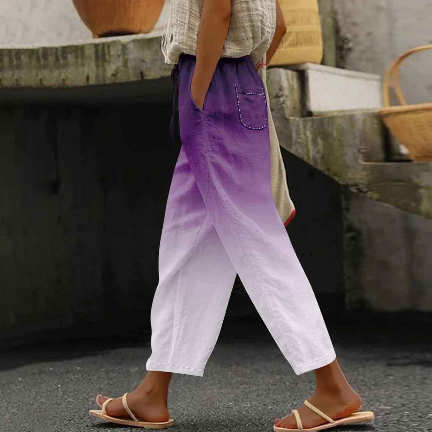 Resort Wear for Women 2025 Cotton Linen Elastic Seven Pants Beach Casual Pants Linen Casual Beach Long Pants