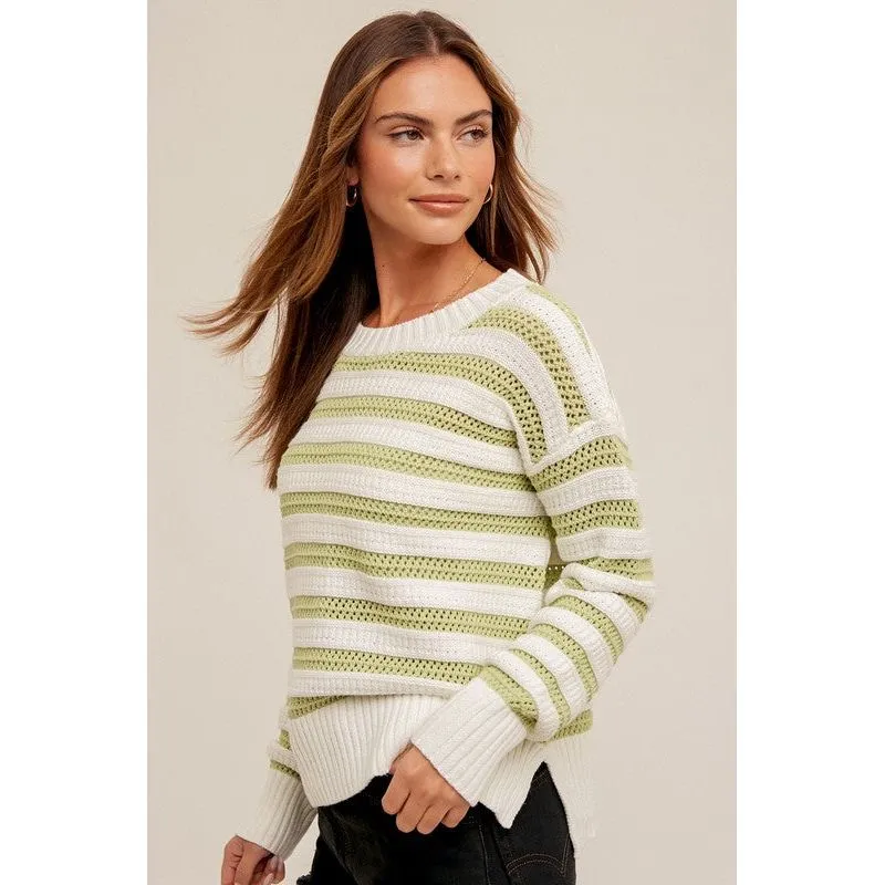 Round Neck High Slit Sides Hole-Knit Sweater