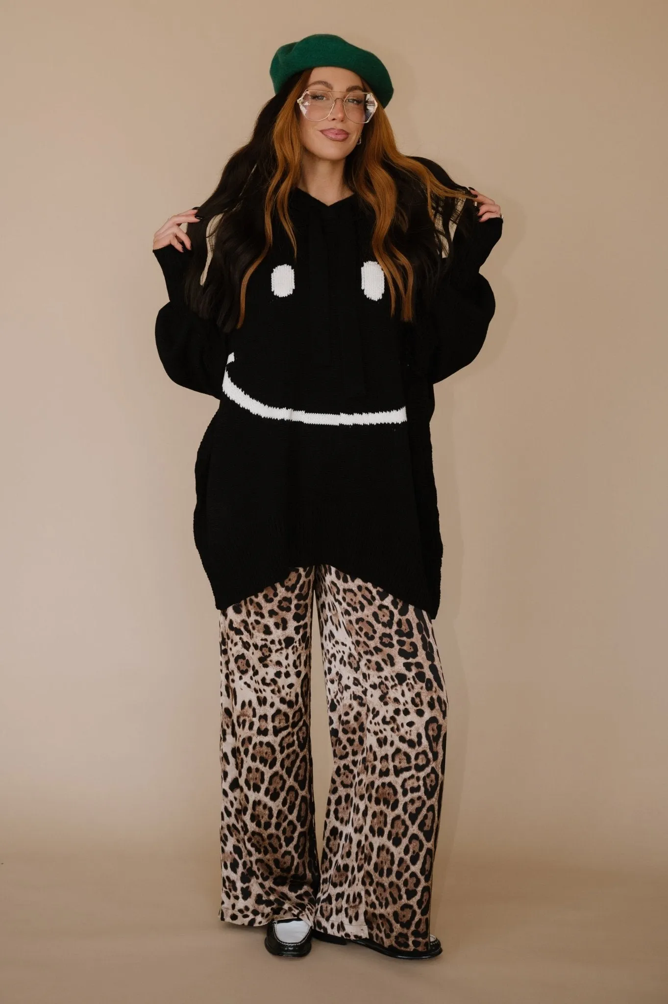 Serotonin Smile Oversized Knit Hoodie in Black