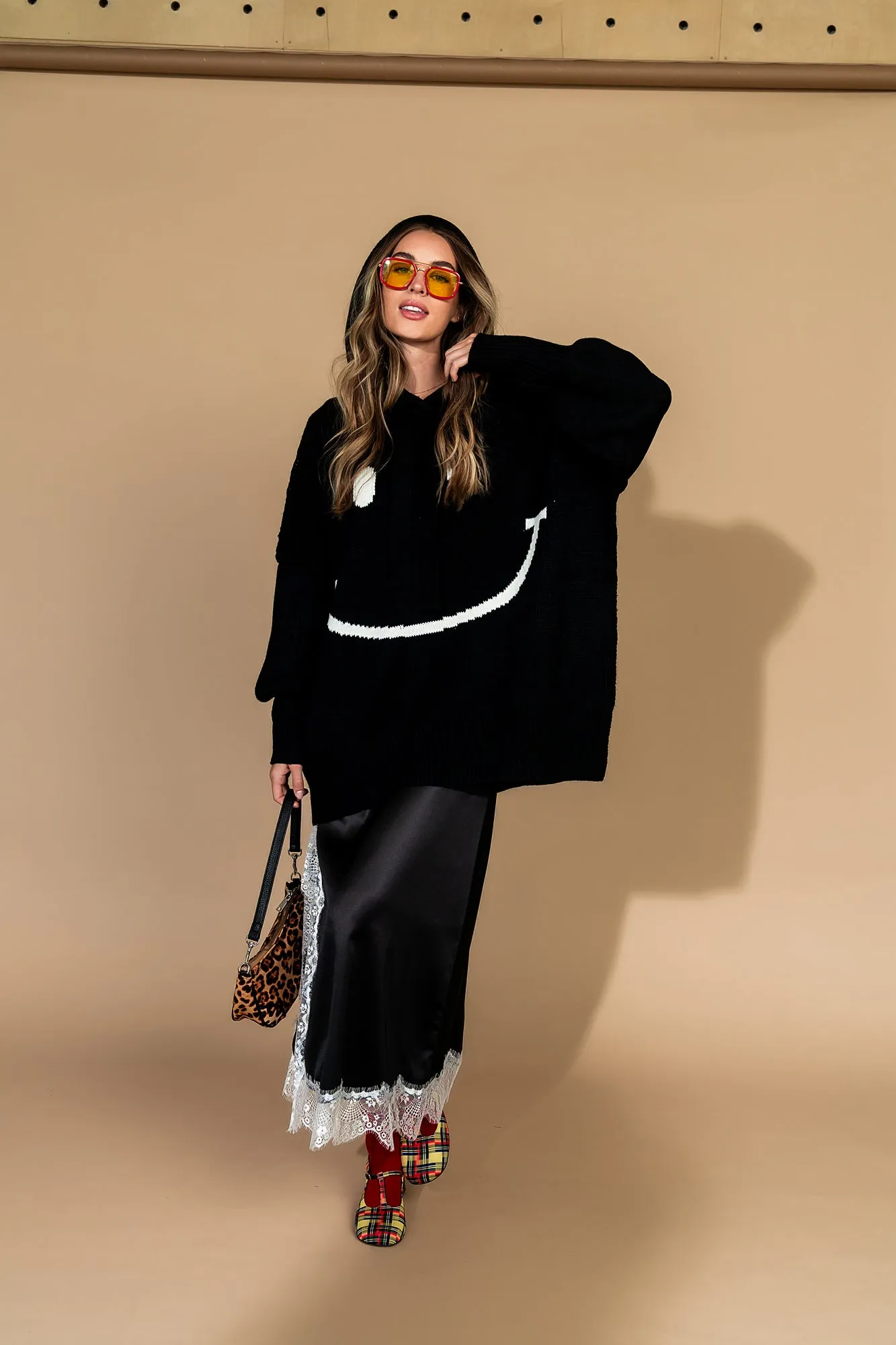 Serotonin Smile Oversized Knit Hoodie in Black