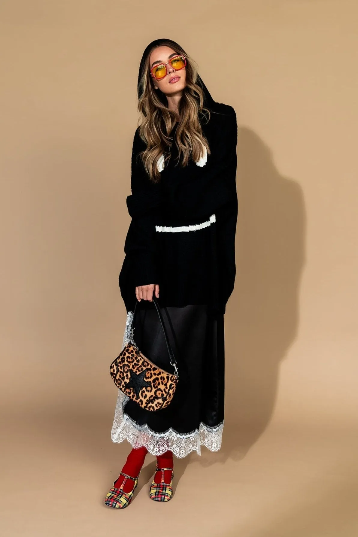Serotonin Smile Oversized Knit Hoodie in Black
