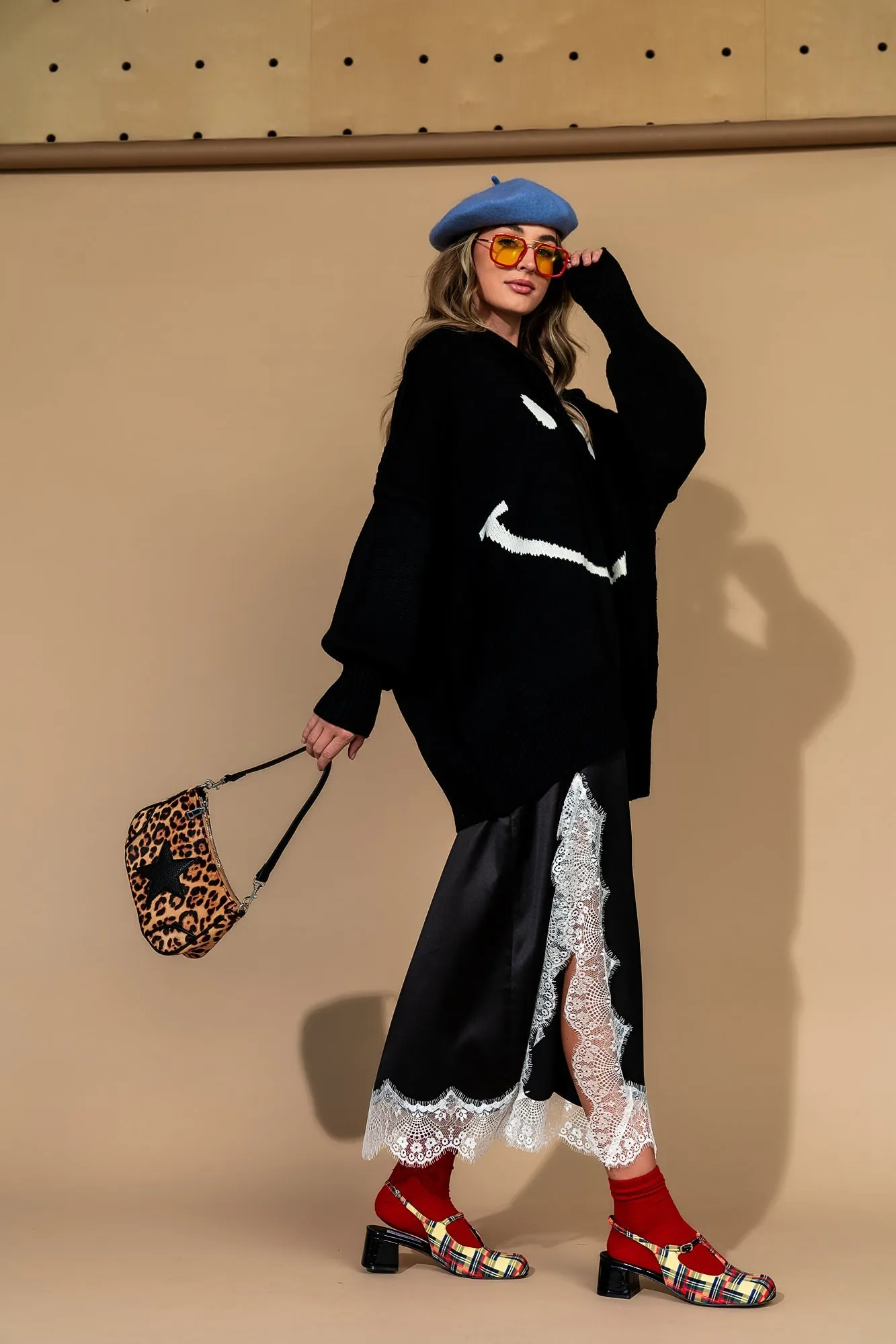 Serotonin Smile Oversized Knit Hoodie in Black