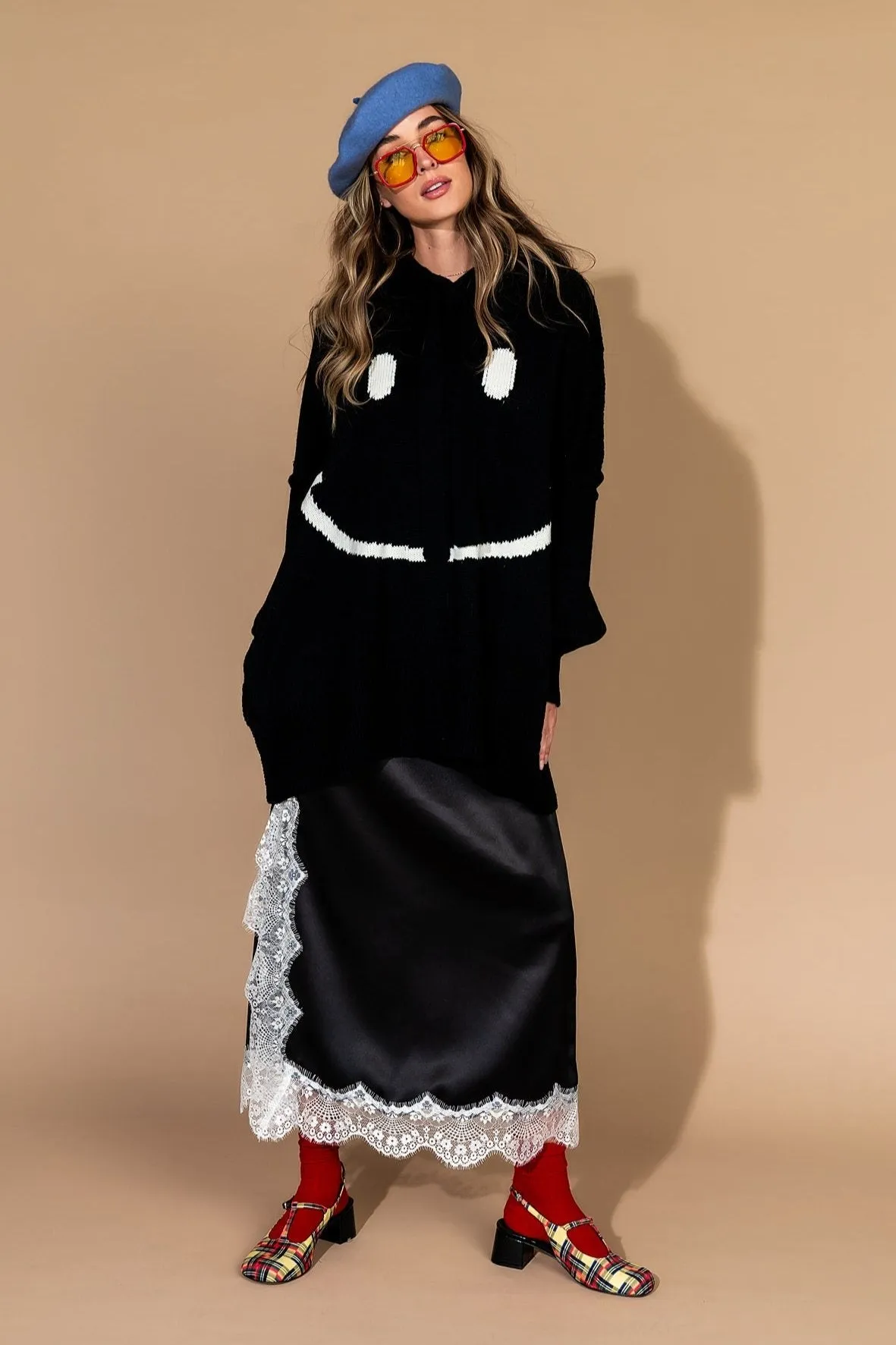 Serotonin Smile Oversized Knit Hoodie in Black