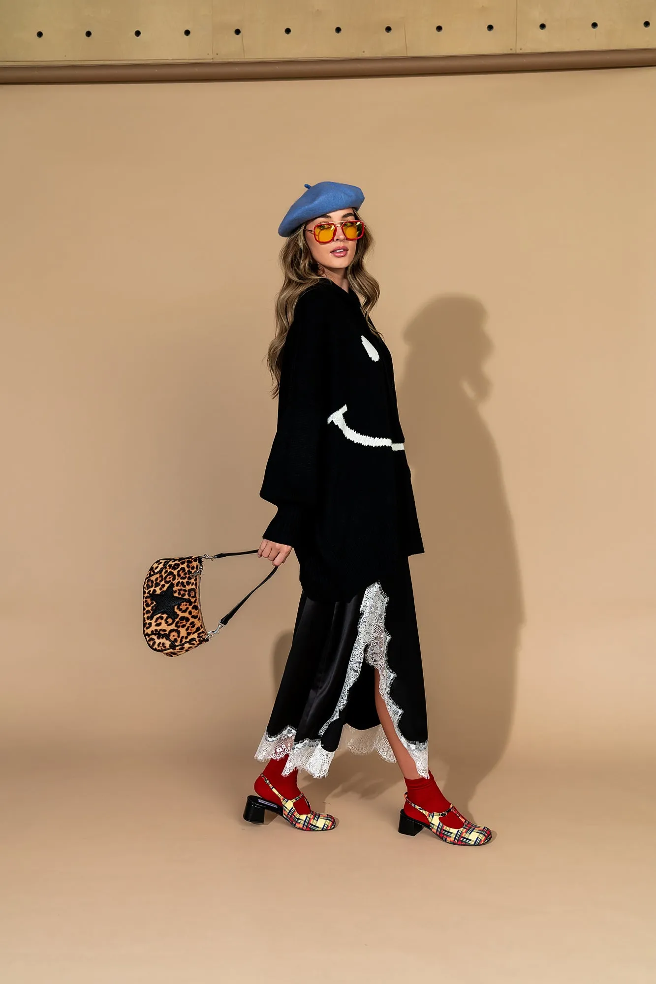 Serotonin Smile Oversized Knit Hoodie in Black