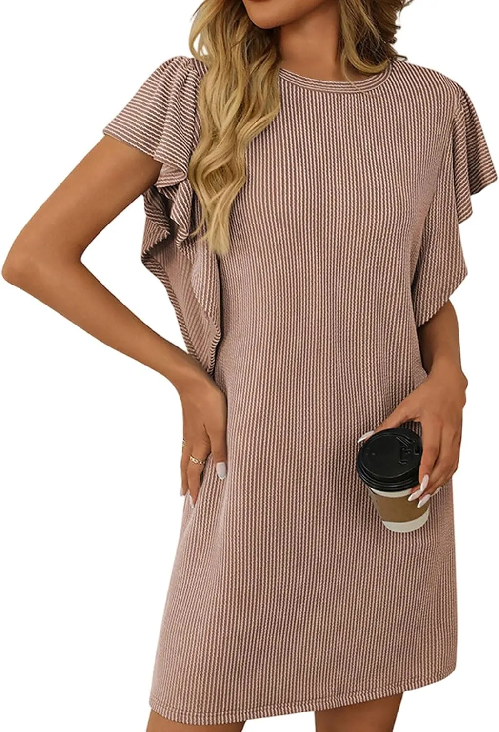 Short Dress for Women Summer Ribbed Shift Tunic Tshirt Dress Flowy Ruffle Sleeve Crew Neck Cute Mini Dress Sundresses