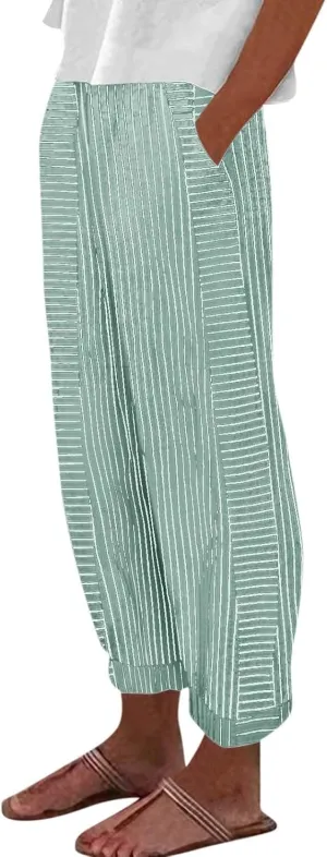 Striped Linen Capris Women Geometric Texture Cotton Linen Casual Pants Casual Lounge Travel Trousers with Pockets