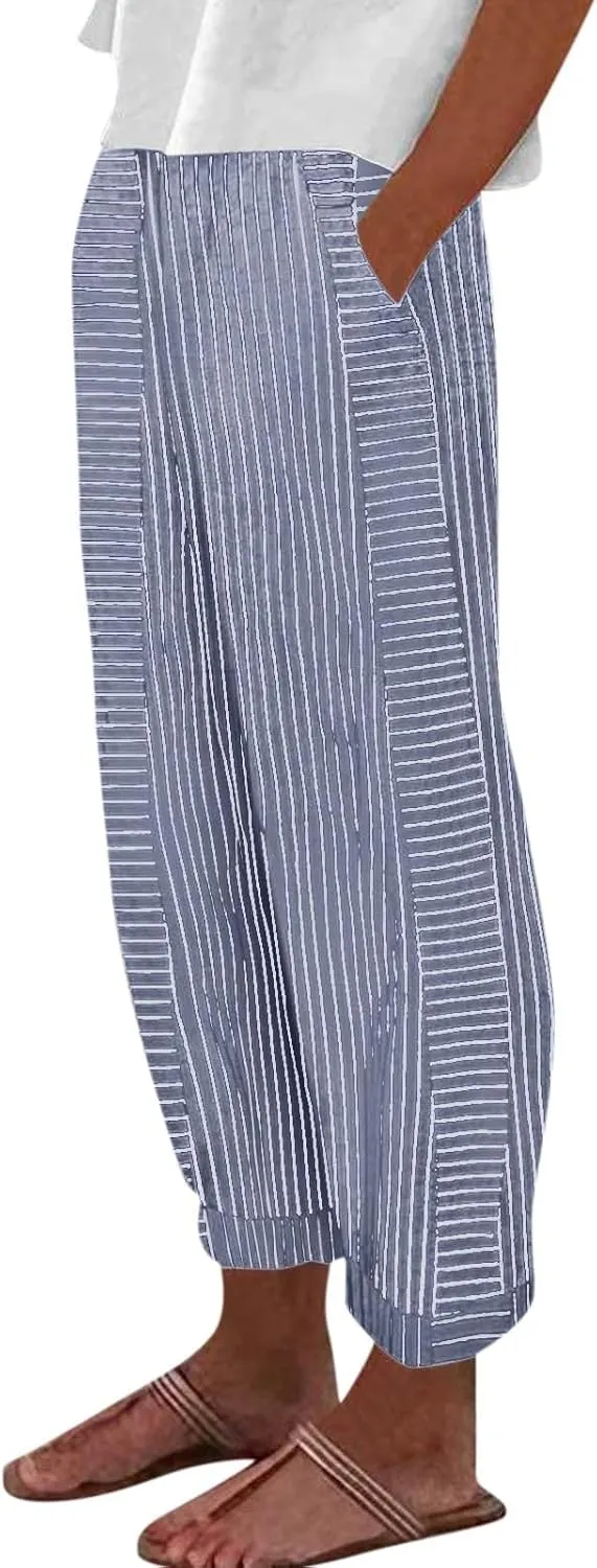 Striped Linen Capris Women Geometric Texture Cotton Linen Casual Pants Casual Lounge Travel Trousers with Pockets