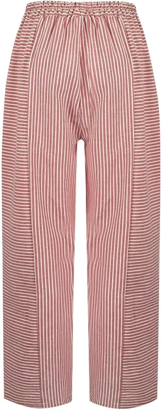 Striped Linen Capris Women Geometric Texture Cotton Linen Casual Pants Casual Lounge Travel Trousers with Pockets
