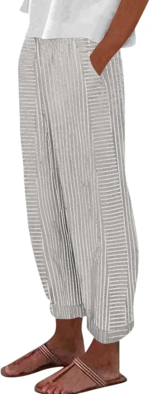 Striped Linen Capris Women Geometric Texture Cotton Linen Casual Pants Casual Lounge Travel Trousers with Pockets