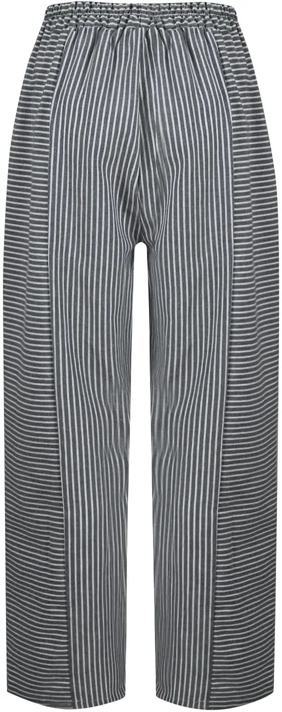 Striped Linen Capris Women Geometric Texture Cotton Linen Casual Pants Casual Lounge Travel Trousers with Pockets