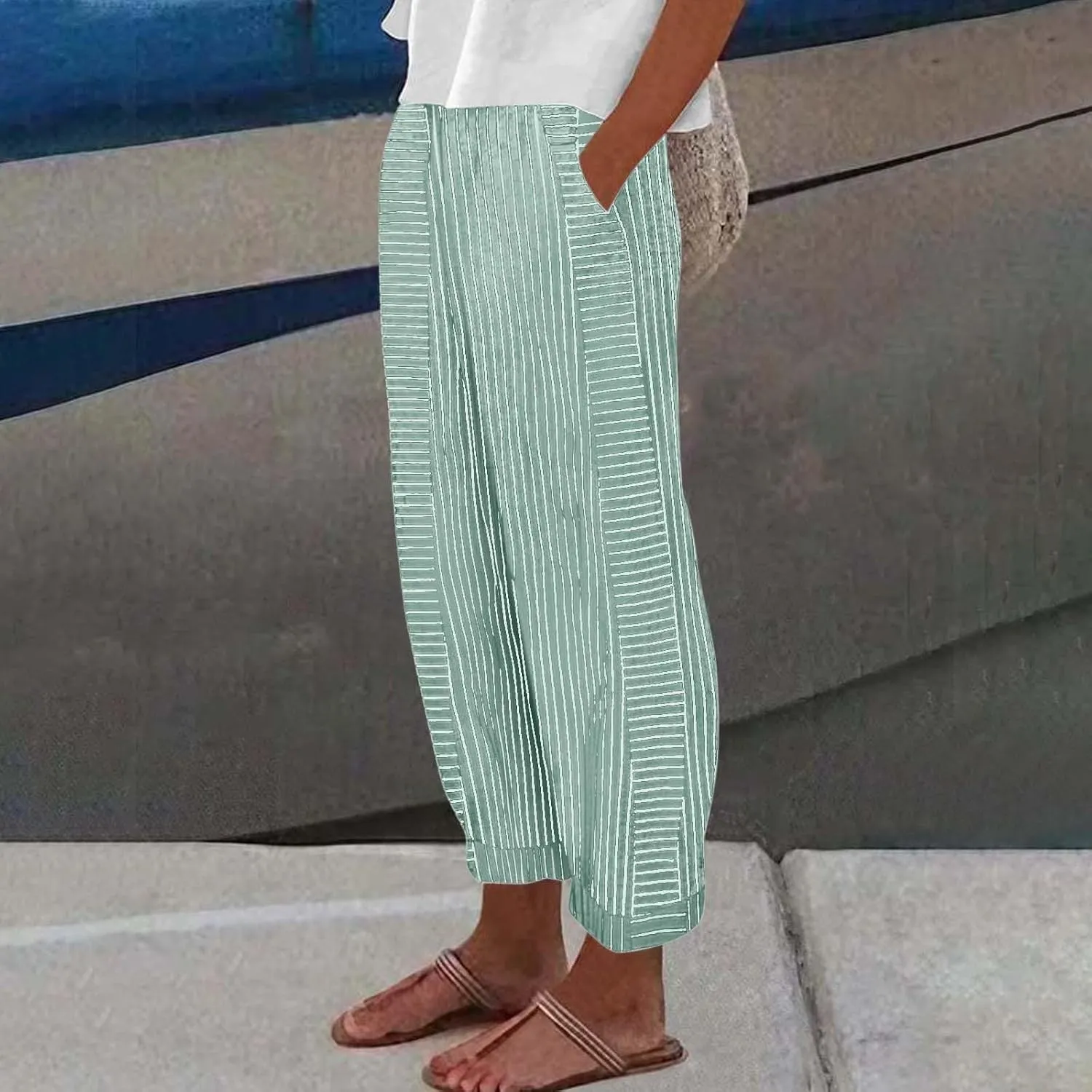 Striped Linen Capris Women Geometric Texture Cotton Linen Casual Pants Casual Lounge Travel Trousers with Pockets