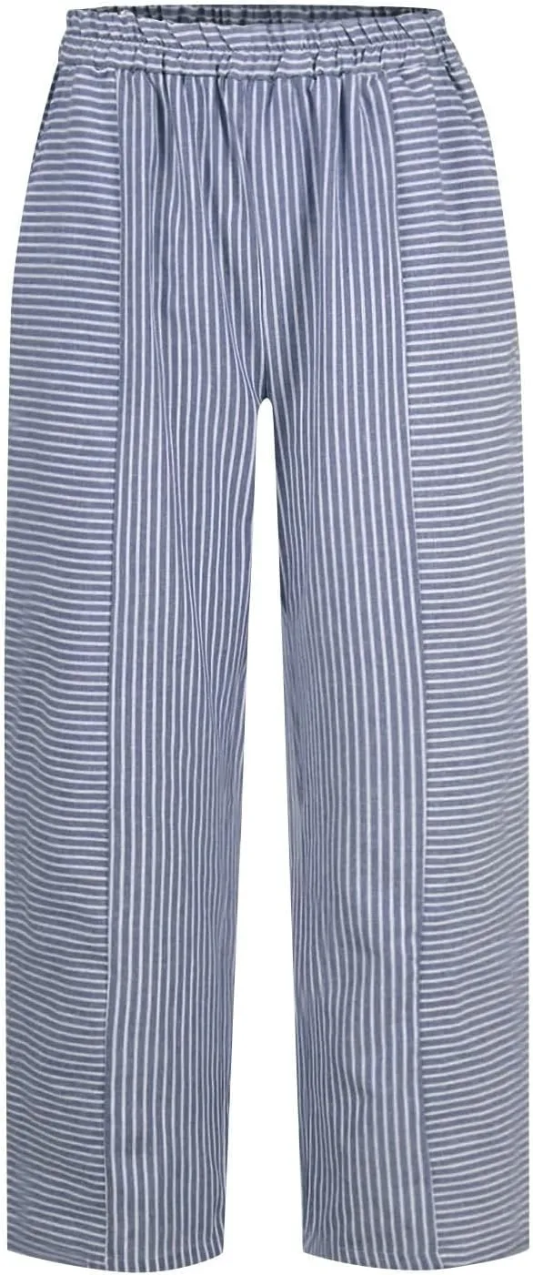 Striped Linen Capris Women Geometric Texture Cotton Linen Casual Pants Casual Lounge Travel Trousers with Pockets