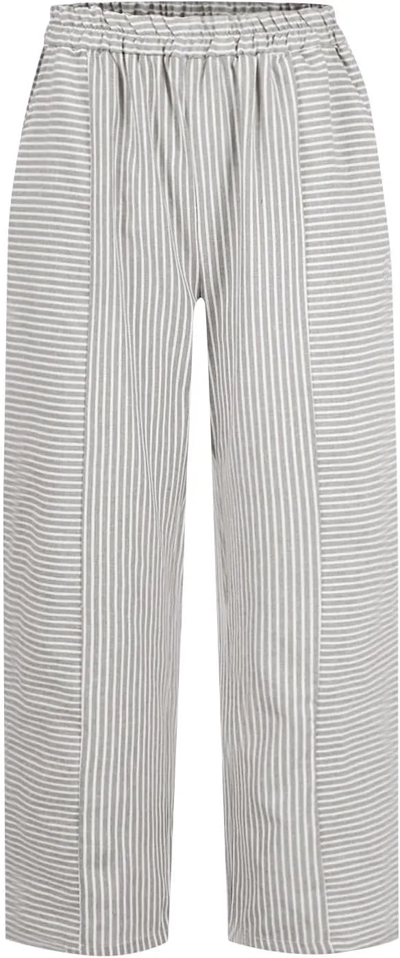 Striped Linen Capris Women Geometric Texture Cotton Linen Casual Pants Casual Lounge Travel Trousers with Pockets