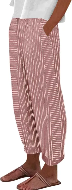 Striped Linen Capris Women Geometric Texture Cotton Linen Casual Pants Casual Lounge Travel Trousers with Pockets