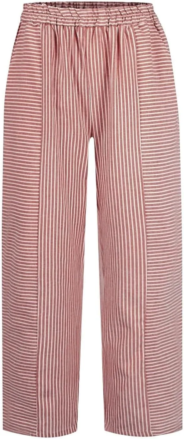 Striped Linen Capris Women Geometric Texture Cotton Linen Casual Pants Casual Lounge Travel Trousers with Pockets