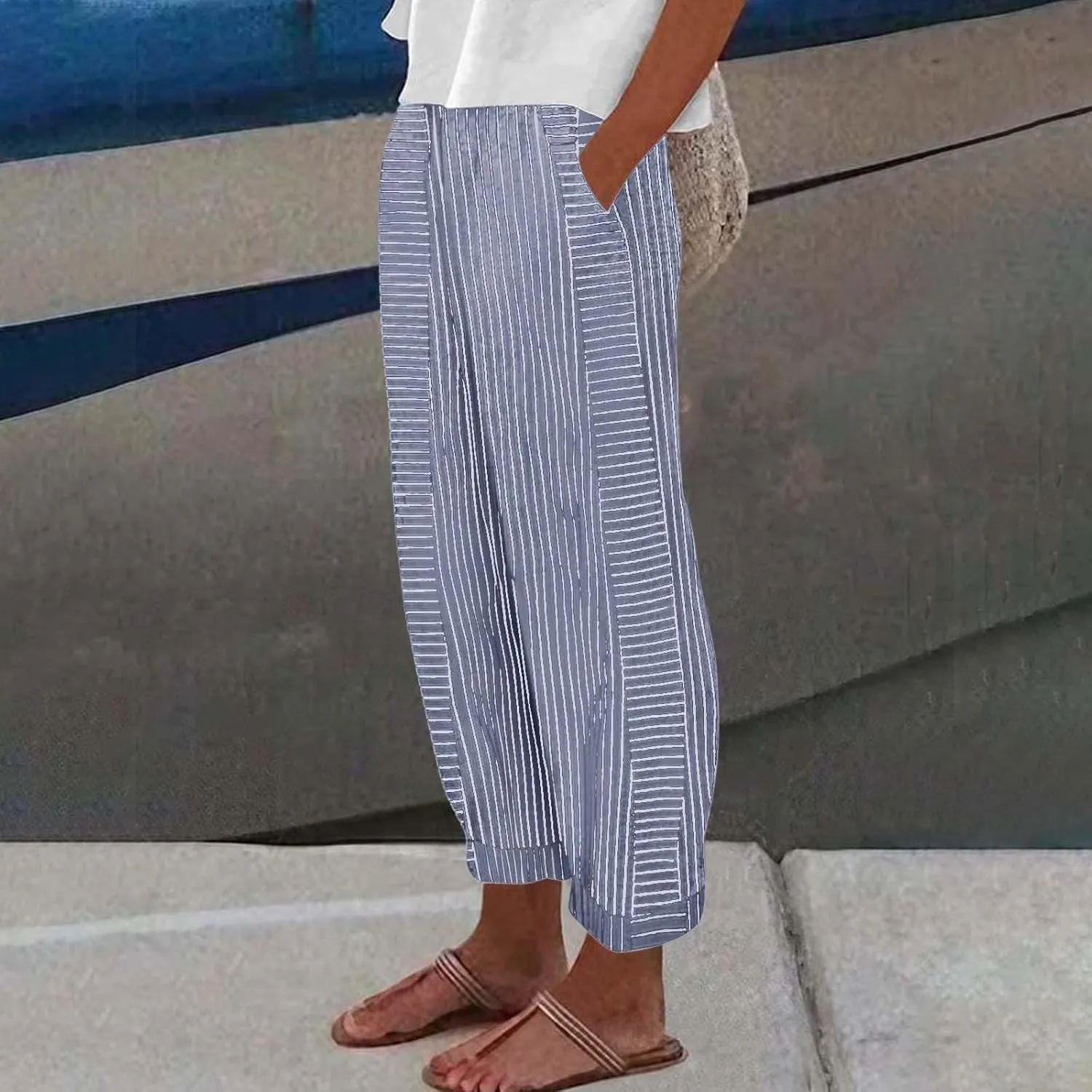 Striped Linen Capris Women Geometric Texture Cotton Linen Casual Pants Casual Lounge Travel Trousers with Pockets