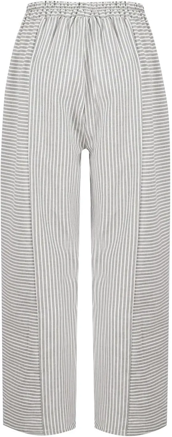 Striped Linen Capris Women Geometric Texture Cotton Linen Casual Pants Casual Lounge Travel Trousers with Pockets