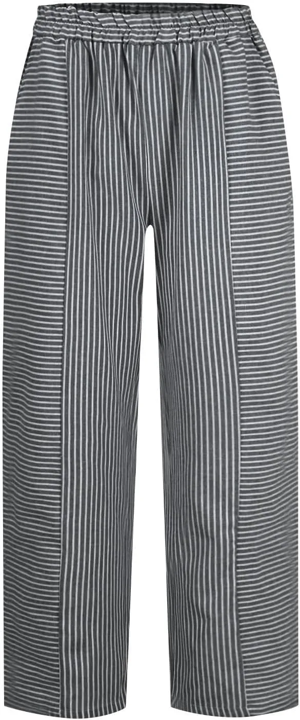 Striped Linen Capris Women Geometric Texture Cotton Linen Casual Pants Casual Lounge Travel Trousers with Pockets