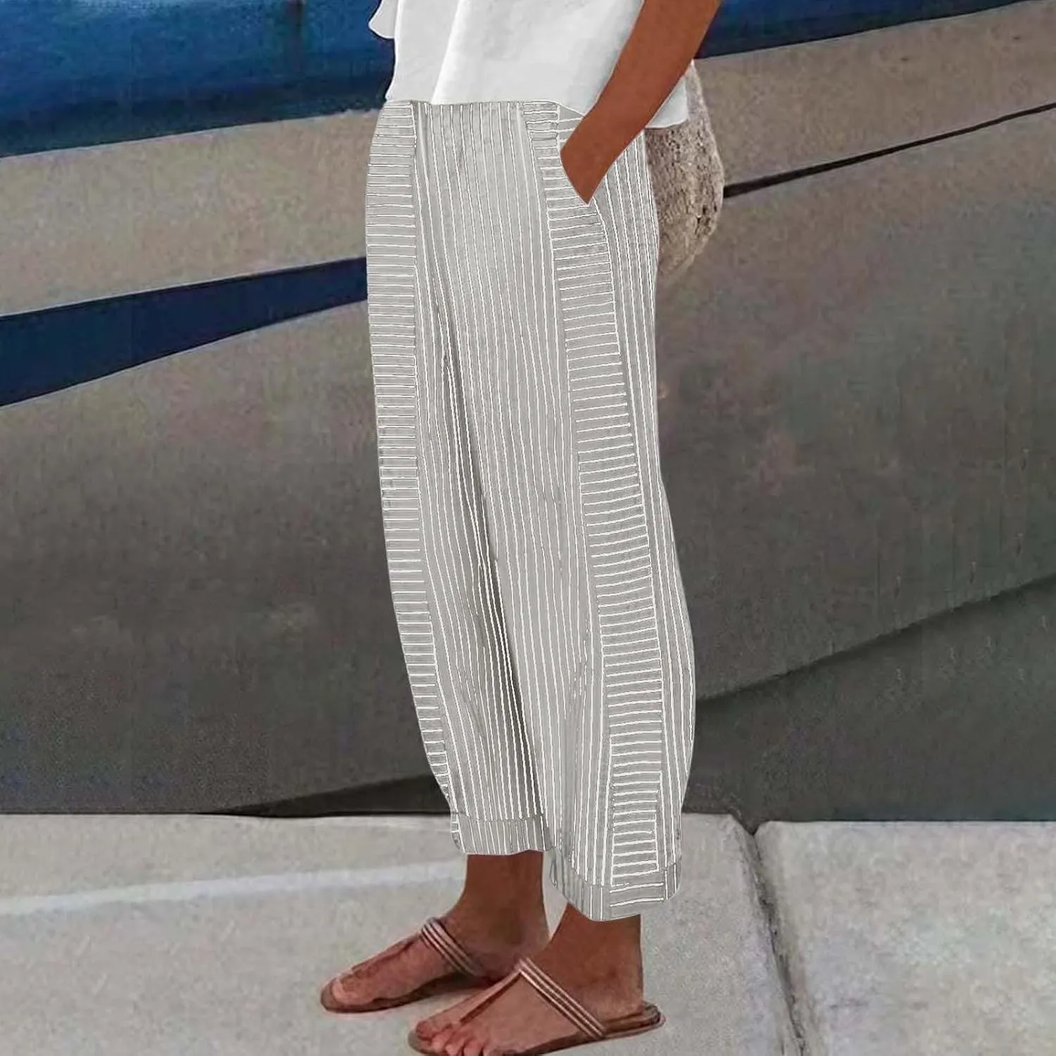 Striped Linen Capris Women Geometric Texture Cotton Linen Casual Pants Casual Lounge Travel Trousers with Pockets