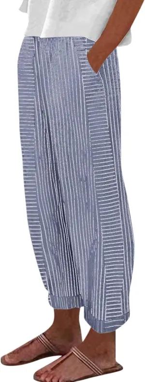 Striped Linen Capris Women Geometric Texture Cotton Linen Casual Pants Casual Lounge Travel Trousers with Pockets