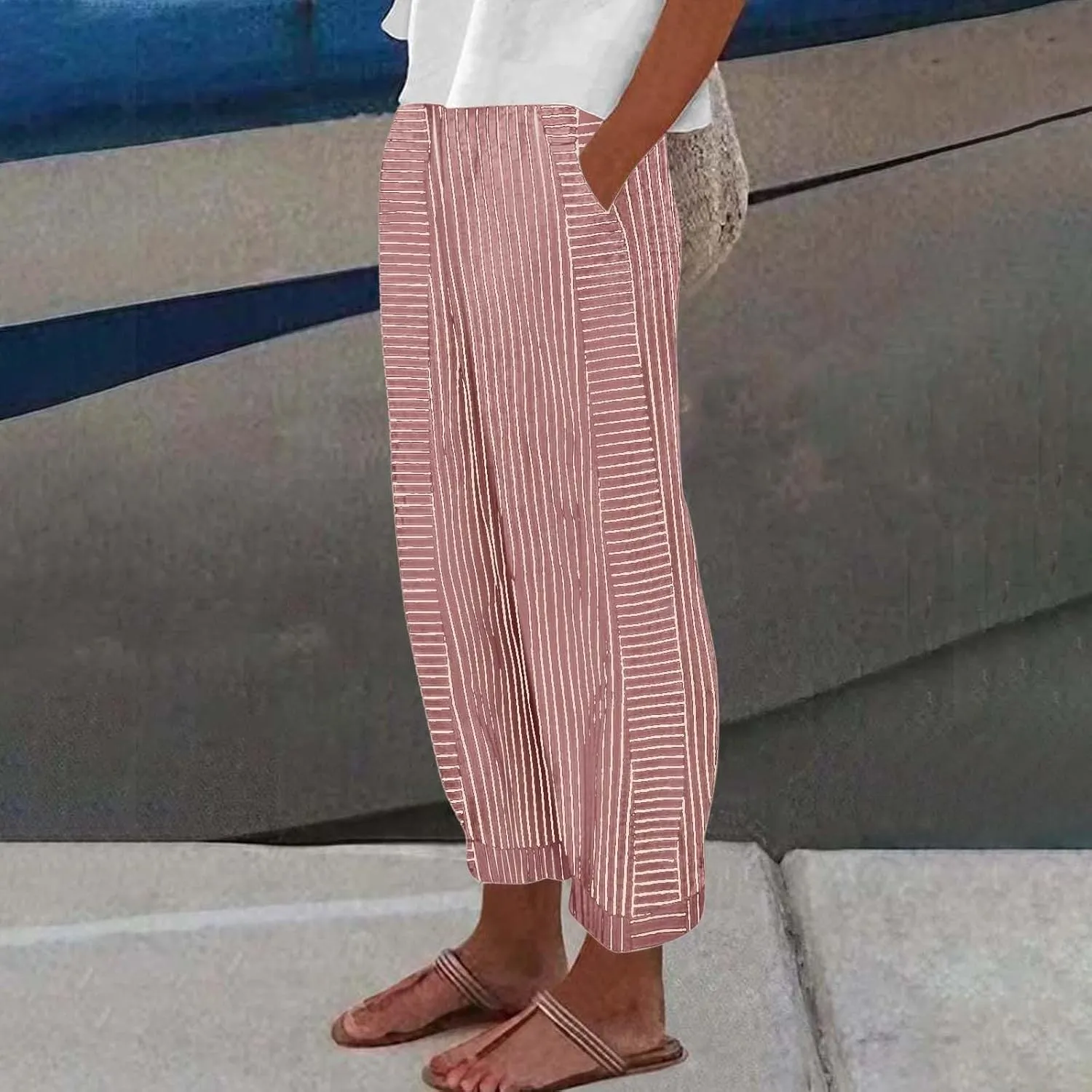 Striped Linen Capris Women Geometric Texture Cotton Linen Casual Pants Casual Lounge Travel Trousers with Pockets