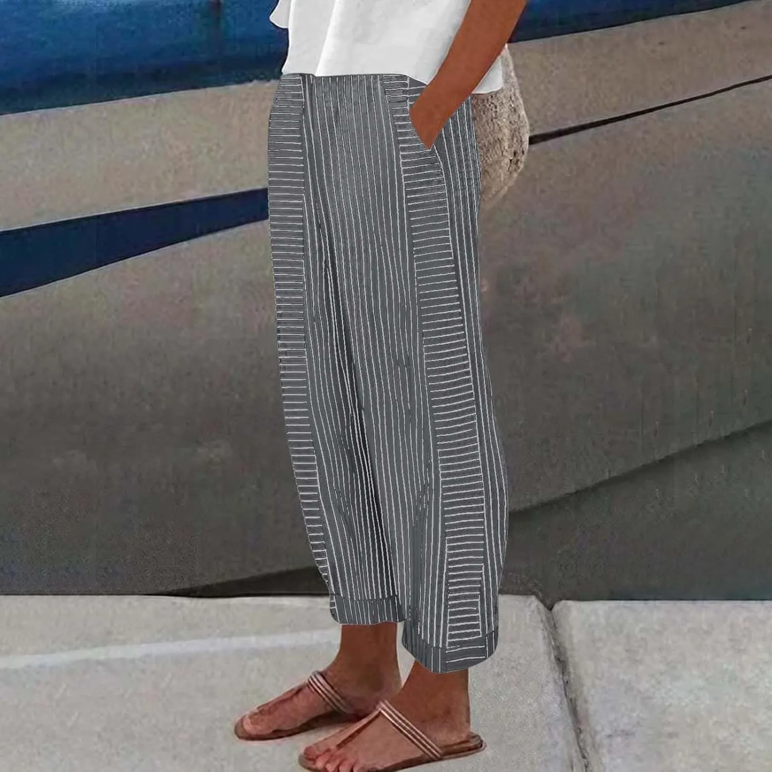 Striped Linen Capris Women Geometric Texture Cotton Linen Casual Pants Casual Lounge Travel Trousers with Pockets