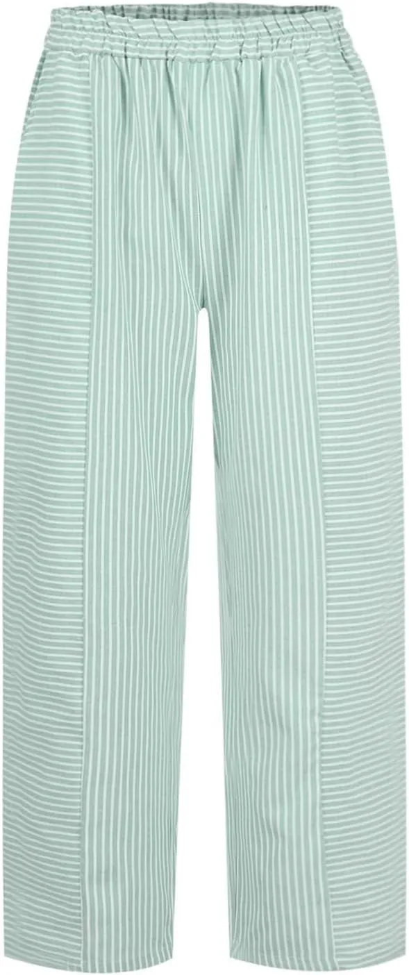 Striped Linen Capris Women Geometric Texture Cotton Linen Casual Pants Casual Lounge Travel Trousers with Pockets