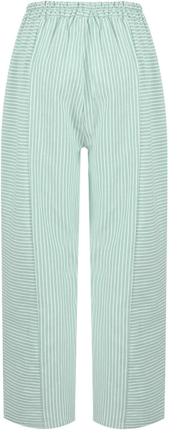 Striped Linen Capris Women Geometric Texture Cotton Linen Casual Pants Casual Lounge Travel Trousers with Pockets