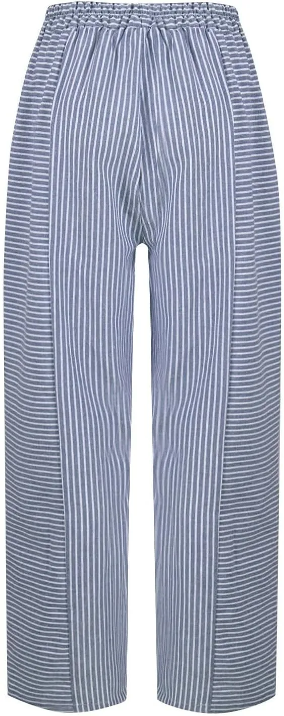 Striped Linen Capris Women Geometric Texture Cotton Linen Casual Pants Casual Lounge Travel Trousers with Pockets