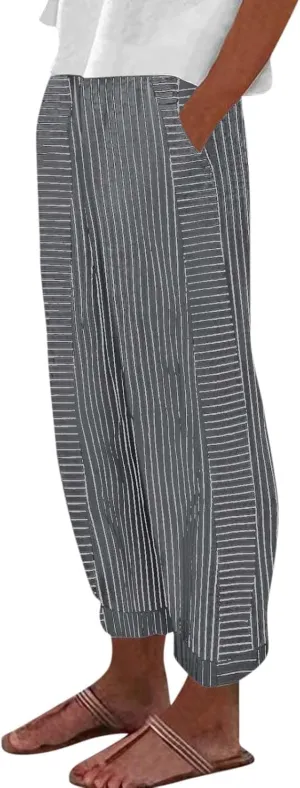 Striped Linen Capris Women Geometric Texture Cotton Linen Casual Pants Casual Lounge Travel Trousers with Pockets