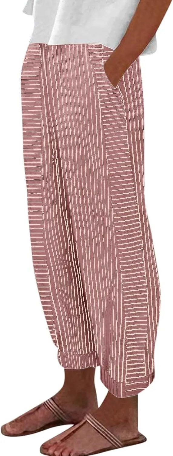 Striped Linen Capris Women Geometric Texture Cotton Linen Casual Pants Casual Lounge Travel Trousers with Pockets