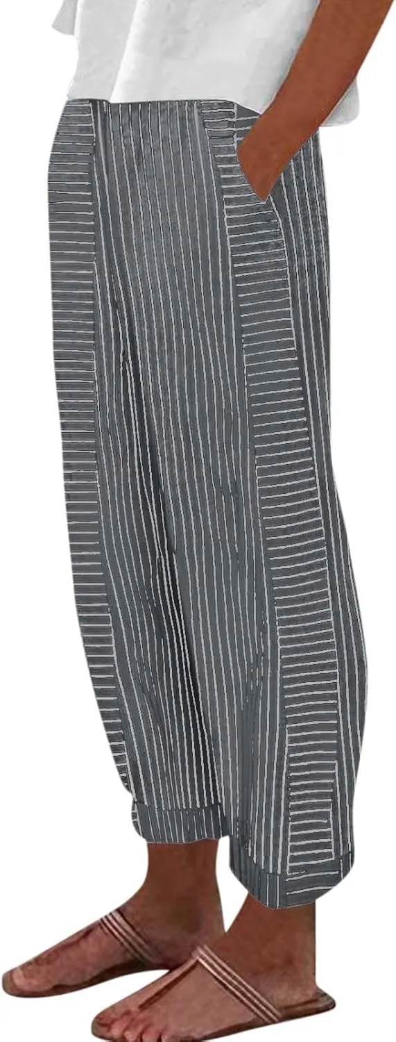 Striped Linen Capris Women Geometric Texture Cotton Linen Casual Pants Casual Lounge Travel Trousers with Pockets
