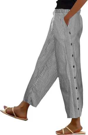 Summer Drawstring Casual Lounge Pant Waistband High Waistband Pocket Pants Side Nine Point Loose Casual