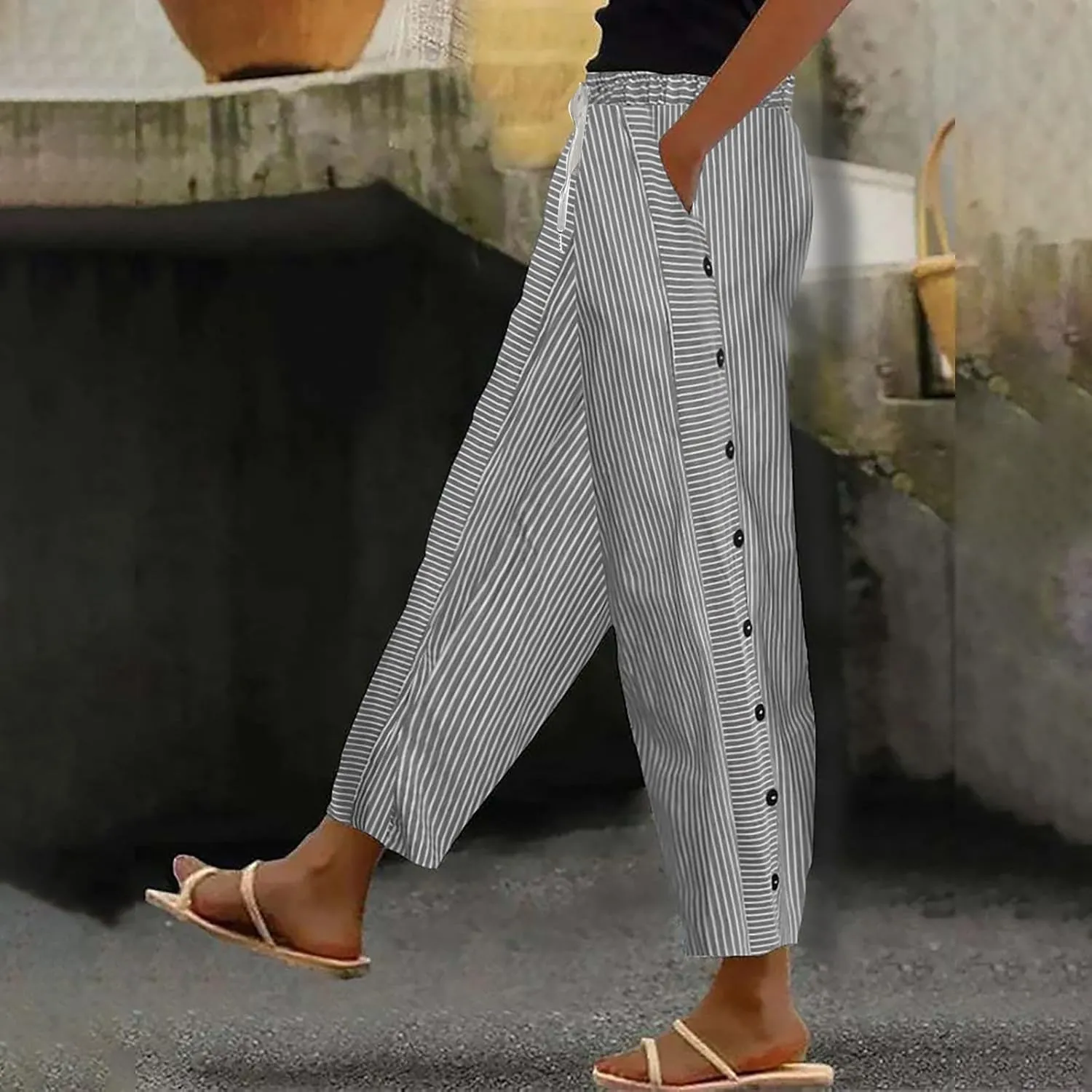 Summer Drawstring Casual Lounge Pant Waistband High Waistband Pocket Pants Side Nine Point Loose Casual