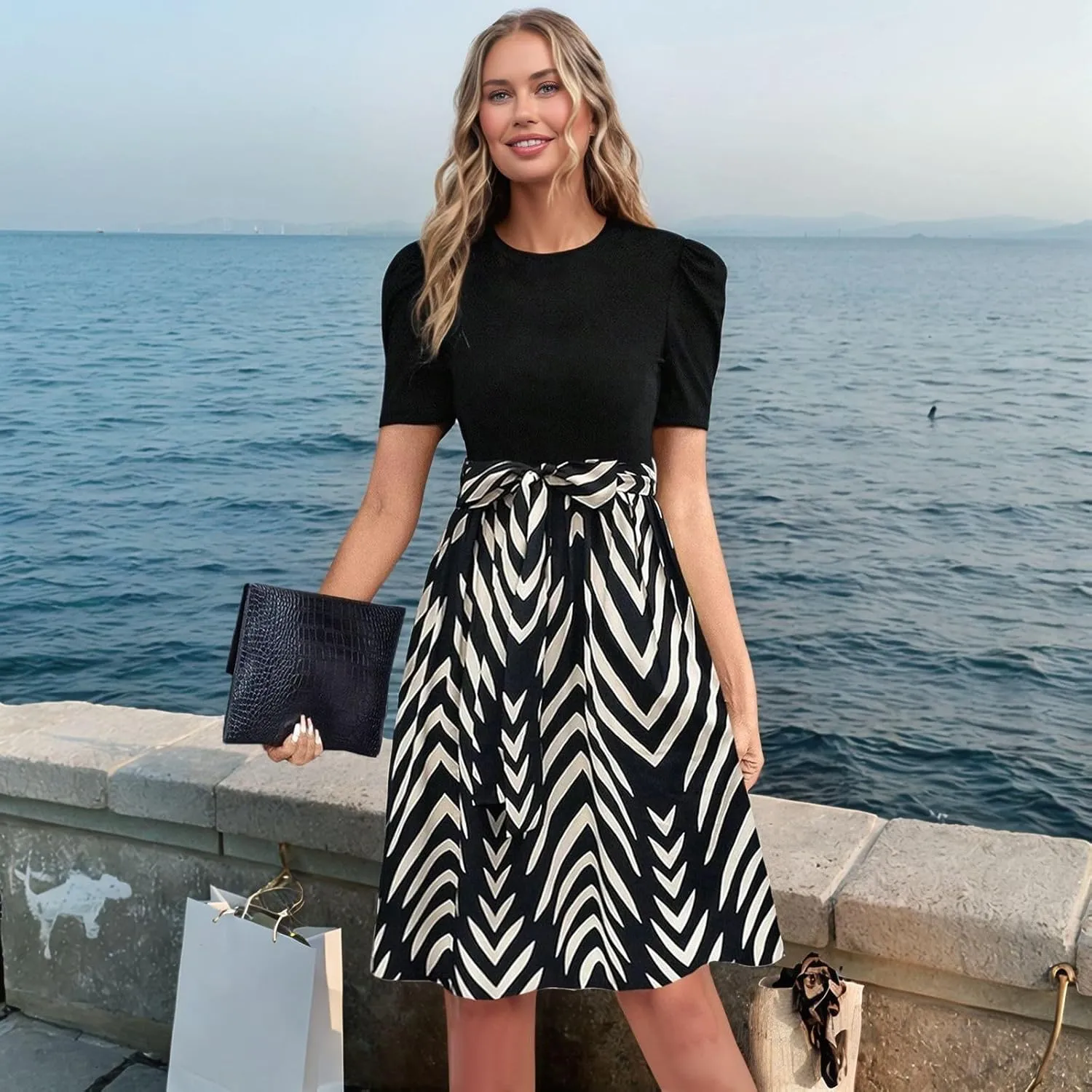 Summer Dresses for Women 2025 Patchwork Short Sleeve Tie Waist Dress Floral Garden Party Flowy Beach Mini Sundress