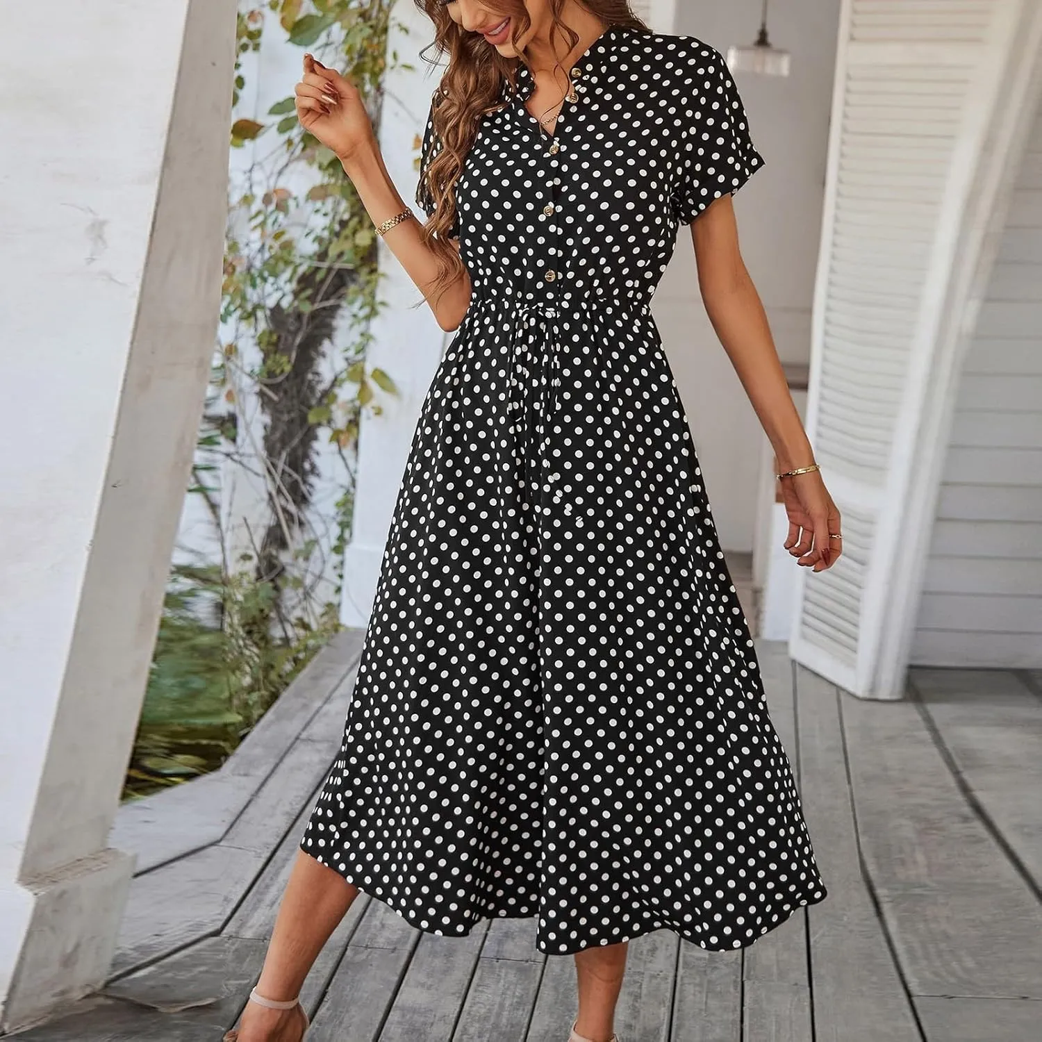 Summer Dresses for Women 2025 Short Sleeve Ruched Tie Waist Dress V Neck Polka Dot Button Down Boho Midi Sundress
