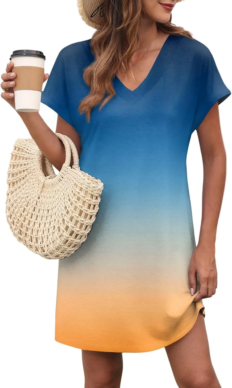 Summer Dresses for Women 2025 Trendy V Neck Tie Dye Short Sleeve Dress Casual Loose Holiday Beach Mini Sundress