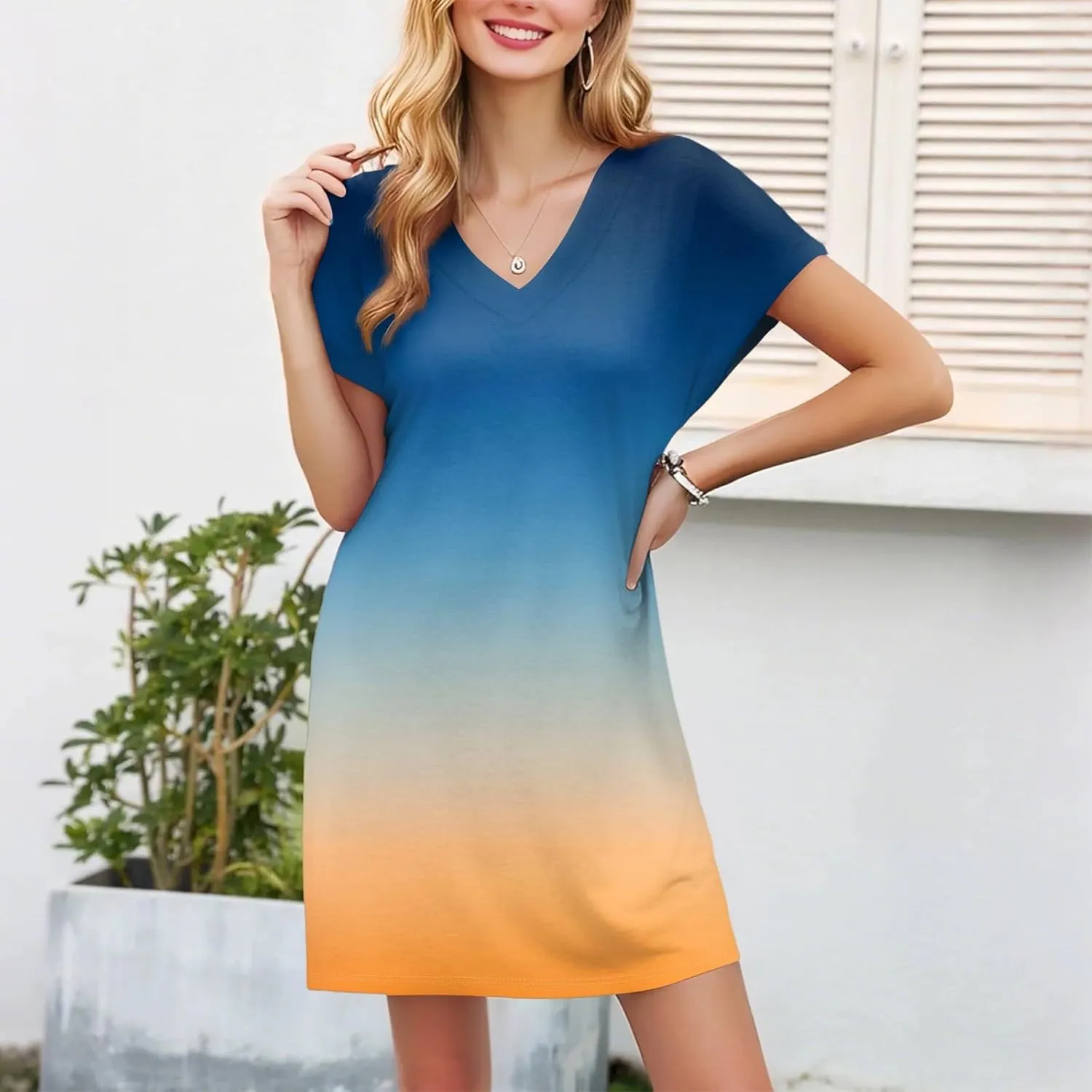 Summer Dresses for Women 2025 Trendy V Neck Tie Dye Short Sleeve Dress Casual Loose Holiday Beach Mini Sundress
